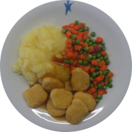 Knusprige Nuggets (81) mit Soße (81) dazu Mischgemüse und hausgemachter Kartoffelstampf (18)