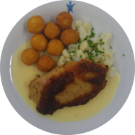 Schweineschnitzel 'Cordon Bleu' mit Zitronenecke (2,3,19,51,81) dazu Blumenkohl mit Sauce Hollandaise (8,15,19) und Kartoffelbällchen (15,81)