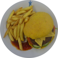 'Spicy Taco Burger' mit Salsa-Tequilla-Creme und Tacos (22,44,52,81) dazu frittierte Kartoffelstäbchen