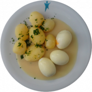 Gekochte Eier (15) mit Senfsoße (22,81), Petersilienkartoffeln und Rote Bete Salat