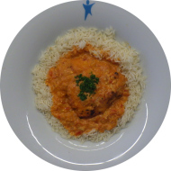 Indisches Butter Chicken mit Joghurt, Knoblauch, Zimt, Honig und Garam Masala (19,48,54) dazu Basmatireis