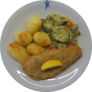 Gebackenes Kabeljaufilet mit Zitronenecke (16,56,81) und Schmorgurke 'Havelländer Art' (19,22) dazu würzige Schwenkkartoffeln