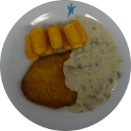 Jägerschnitzel (15,51,81) mit Champignonrahmsoße (1,3,8,15,19,22,24,44,81), und Kroketten (81) 