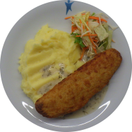 Großes Backfischfilet (16,22,56,81) mit Dill-Weißwein-Rahm-Soße (1,19,22,24,44,81) und hausgemachtem Kartoffelpüree (19) dazu Salatgarnitur