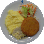 Blumenkohl-Käse-Medaillon (15,19,81) an Dill-Weißwein-Rahm-Soße (1,19,22,24,44,81) und hausgemachter Kartoffelpüree (19) dazu Salatgarnitur