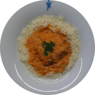 Indisches Butter Chicken mit Knoblauch, Joghurt, Zimt, Honig und Garam Masala (19,48,54) dazu Basmatireis 