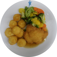 Gebratenes Putenschnitzel (54,81), Marktgemüse und Geflügelsoße (81), dazu gebackene Kartoffeln (81)