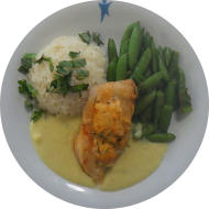 Gefüllte Pourladenbrust mit Ricotta, Hartkäse und getrockneten Tomaten (3,15,19,24,54,81,83) an Limetten-Butter Soße (19) auf Riesling-Risotto (15,19,24,44) und sautierte Zuckerschoten