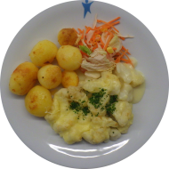 Überbackener Blumenkohl mit Gouda und Hollandaise (8,15,19) dazu würzige Schwenkkartoffeln und Salatgarnitur