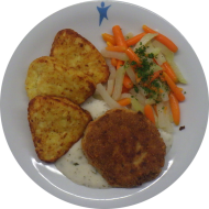 Hausgemachtes Blumenkohl-Käse-Medaillon (15,19,81) mit Kräutersoße (18,81) und Möhren-Kohlrabi-Gemüse, Rösti oder Pommes Noisette (15)