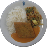 Chinaschnitte Hong Kong in Kokos-Curry-Soße (1,2,18,81) auf chinesischem Pfannengemüse (2,18,81) dazu Basmatireis