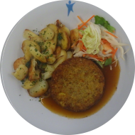 Avocado-Quinoa-Taler (84) an Bratenjus (81) dazu Bratkartoffeln und Salatgarnitur