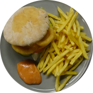 Sie können aus 6 verschiedenen Burgervariationen wählen. Heutige Tagesempfehlung: 'Cheesiest Cheeseburger' mit Käseschnitzel, Onionrings, Cheddar, Eisberg, Gurke und Tomate (1,9,19,22,81,83) dazu als Menüoption Pommes und House-Dip (9,22)