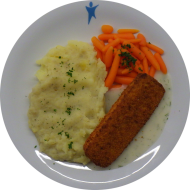 Knusperfilet (81) mit Dillsoße (1,81) dazu Fingermöhrchen und hausgemachter Kartoffelstampf (18)