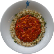 Chili sin Carne dazu Kräuterreis (18,49) 
