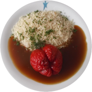 Rote Paprikaschote mit Gemüsefüllung (21,22,81) mit 'Sauce a la Mancha' Paprika-Knoblauch-Soße (18) dazu Kräuterreis