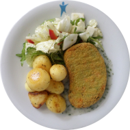 Gemüseschnitzel (81,85) mit hausgemachten Soja-Dip (18,22) dazu Schwenkkartoffeln (3,24) und Garnitur