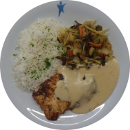 Gebratene Putenbrust in Kokos-Curry-Soße (1,2,14,18,54) mit chinesischem Pfannengemüse (2,18,81) dazu Basmatireis