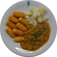 Kartoffel-Kürbis-Gulasch (18) dazu Blumenkohlgemüse und Kroketten (81)