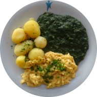 Bio: Würzspinat (81) dazu Rührei mit Kräutern (15) und Kartoffeln