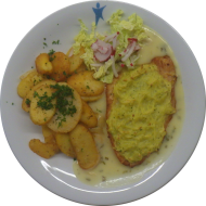 Vorsuppe: Champignoncremesuppe (18,81) Hausgemachtes Putensteak mit knuspriger Kartoffelkruste (2,3,15,24,54,81) an Sauce Bearnaise (8,15,19) dazu Bratkartoffeln und Salatgarnitur