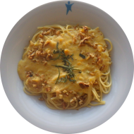 Spaghetti mit Kürbis-Gorgonzolasoße, Walnüssen und frischem Salbei (19,47,73,81)