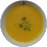 Kürbis-Apfelcremesuppe (18) und ein Brötchen (81)