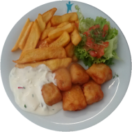 Fish'n` Chips mit würziger Remouladensoße (8,9,15,16,19,56,81) und Garnitur