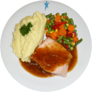 Leberkäse (1,2,3,8,21,22,51) mit Zwiebelsoße (51) und Mischgemüse dazu hausgemachter Kartoffelstampf (19)
