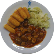 Räuchertofu-Maronen-Ragout (18,21,24,44,81) an geschmortem Spitzkohl ohne Speck dazu Kroketten (81)