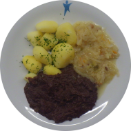Tiegelwurst mit Majoran (2,3,4,8,22,51,52,54,81) dazu Sauerkraut mit Speck (51) und Kartoffeln
