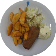 Hirtenrolle mit Frischkäsefüllung (15,18,19,49,51,81) und hausgemachter Zaziki (19,49) dazu Kartoffelspalten und kleiner Weißkraut-Möhren-Salat