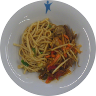 Kleine Portion: Feuriger Gemüse-Rindfleisch-Wok mit Paprika, Champignons, Weißkohl und Sprossen dazu Mienudeln (2,14,18,52,81)