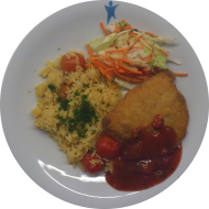 Hähnchenfilet 'Caprese' mit Tomate-Mozzarella-Füllung (19,21,54,81) mit Tomaten-Dip Napoli (9) dazu Kritharaki mit Kirschtomaten (15,19,49,81) und Salatgarnitur