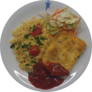 Hausgemachter panierter Hirtenkäse (15,19,81) an Tomaten-Dip Napoli (9) dazu Kritharaki mit Kirschtomaten (15,19,49,81) und Salatgarnitur