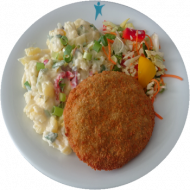 Hausgemachtes gebratenes Hacksteak (15,22,81) dazu Kartoffelsalat nach 'Hausfrauen Art' (9,15,19,81)