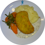 Gemüseschnitzel (81,85) mit Dillsoße und buntem Gemüse dazu hausgemachter Kartoffelstampf (19)