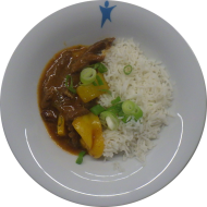 Kleine Portion: Rindfleischstreifen in Wasabi-Soja-Soße mit Paprika und Lauchzwiebeln (1,2,4,18,24,52,81) dazu Jasmin-Duftreis