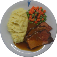 Hausgemachter Wiegebraten (1,2,3,8,46,51) mit Zwiebelsoße (81) und Mischgemüse dazu Kartoffelpüree (19)