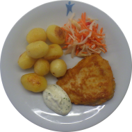 Hausgemachtes Zitronenbackhendl (15,19,54,81,83) mit Kräuter-Mayonnaise-Dip (22) dazu würzige Schwenkkartoffeln und Salatgarnitur