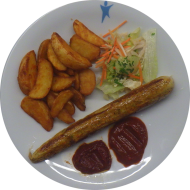 CurryV-wurst 'Hot & Sweet' an zweierlei Saucen (3,9,18,21) dazu Kartoffelspalten und Salatgarnitur