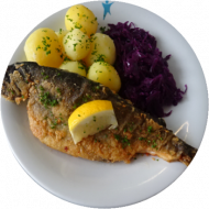 Gebratene Regenbogenforelle mit Zitronenscheibe (1,16,81) und Apfelrotkraut dazu Petersilienkartoffeln