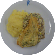 Schollenfilet in Ei-Dill-Hülle auf Balsamicolinsen mit Meerettichkartoffelstampf (3,15,16,19,22,24,56,81)