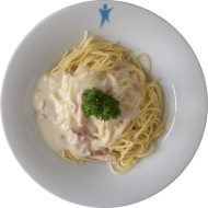 Spaghetti (81) mit Schinken-Sahnesoße 'Carbonara' (1,2,3,8,19) und geriebenen Gouda (19)