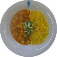 Kleine Portion: Aloo Gobi pikante Kartoffel-Blumenkohlpfanne mit Sojajoghurt (3,18) und Kurkumareis