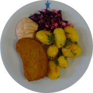 Sellerieschnitzel (21,81) mit Cocktailsauce (9,18,22,44) dazu würzige Schwenkkartoffeln und Garnitur