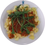 Vegan: Grünkernragout mit Tomate und Rucola (49,81,85) dazu Pasta-Boccolotti (81)