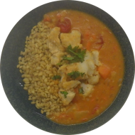 Tandooriblumenkohl mit Linsen-Ananas-Curry (1,2,3,18,22) dazu gedämpfter Zartweizen (81)