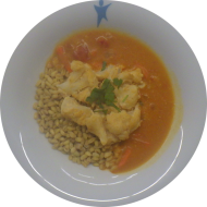 Kleine Portion: Tandooriblumenkohl mit Linsen-Ananas-Curry (1,2,3,18,22) dazu gedämpfter Zartweizen (81)