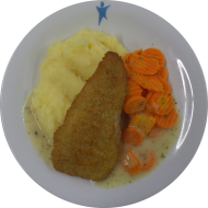 Harlingsieler Skantjes in Petersilienpanade (16,19,22,56,81) an Senf-Rahm-Kräutersoße (19,22,81) dazu Möhrengemüse und hausgemachter Buttermilch-Kartoffelstampf (19,22)